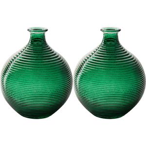 Jodeco Bloemenvaas/flesvaas - 2x - groen - bolvorm met ribbel - D16 x H20 cm -