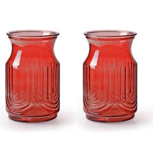 Jodeco 2x Stuks Bloemenvazen - rood/transparant glas - H20 x D12.5 cm -