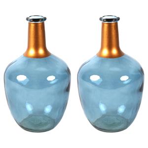 Countryfield Bloemenvaas Firm Big Bottle - 2x - blauw transparant/koper - glas - D15 x H25 cm -