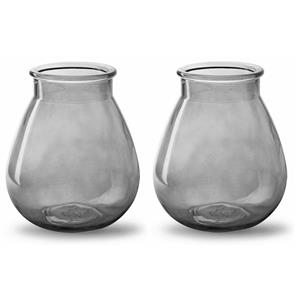 Jodeco 2x Stuks Bloemenvazen druppel vorm type - smoke grijs/transparant glas - H17 x D14 cm -