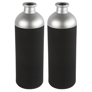 Countryfield Bloemen/deco vaas - 2x - zwart/zilver - glas - luxe fles vorm - D11 x H33 cm -