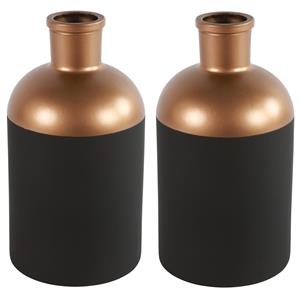 Countryfield Bloemen/deco vaas - 2x - zwart/koper - glas - luxe fles vorm - D14x H26 cm -