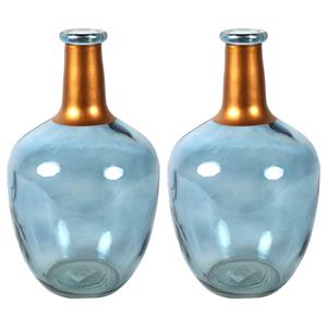 Countryfield Bloemenvaas Firm Big Bottle - 2x - blauw transparant/koper - glas - D18 x H30 cm -