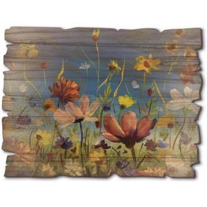 Artland Artprint op hout Weide met wilde bloemen blauwe hemel