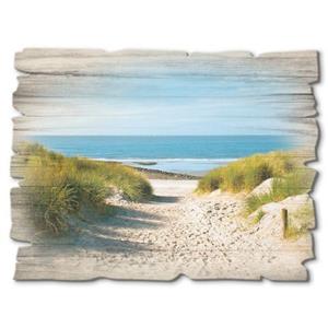 Artland Artprint op hout Strand met duinen en weg naar het water