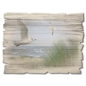 Artland Artprint op hout Noordzeestrand met meeuwen