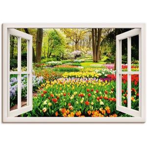 Artland Artprint Raamzicht tulpen tuin lente als artprint van aluminium, artprint op linnen, muursticker of poster in verschillende maten