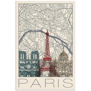 Artland Artprint Retro kaart Parijs Frankrijk en skyline als artprint van aluminium, artprint op linnen, muursticker of poster in verschillende maten