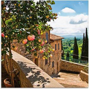 Artland Print op glas Rozen op balkon Toscaans landschap in verschillende maten