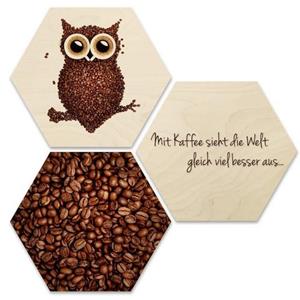 Wall-Art Meerdelige artprint Collage koffie uil houten deco (set, 3 stuks)