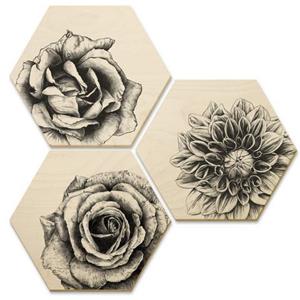 Wall-Art Meerdelige artprint Hexagon artprints op hout bloemen set (set, 3 stuks)