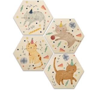 Wall-Art Meerdelige artprint Kat Verjaardag Kinderkamer (set, 4 stuks)