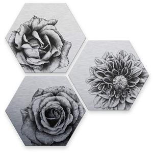 Wall-Art Meerdelige artprint Zilvereffect bloemen set (set, 3 stuks)