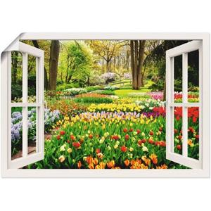 Artland Artprint Raamzicht tulpen tuin lente als artprint van aluminium, artprint op linnen, muursticker of poster in verschillende maten