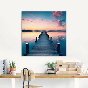 Artland Print op glas Lange pier aan het meer in zonsopkomst in verschillende maten