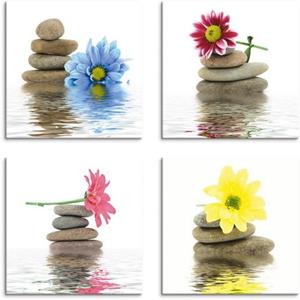 Artland Artprint op linnen Zen therapie-stenen met bloemen set van 4, verschillende maten (4 stuks)