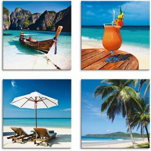 Artland Artprint op linnen Maya Bay fruitcocktail strand set van 4, verschillende maten (4 stuks)