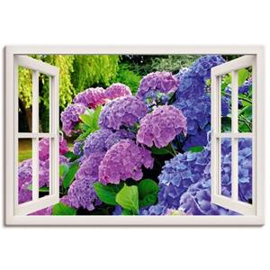 Artland Artprint Blik uit het venster hortensia's in de tuin als artprint van aluminium, artprint op linnen, muursticker of poster in verschillende maten