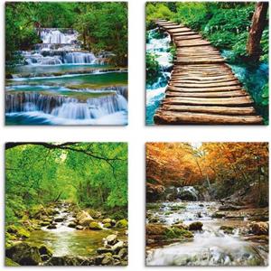 Artland Artprint op linnen Waterval herfstbos rivier Smolny set van 4, verschillende maten (4 stuks)