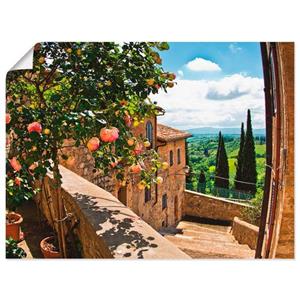 Artland Artprint Rozen op balkon Toscaans landschap als artprint van aluminium, artprint op linnen, muursticker of poster in verschillende maten