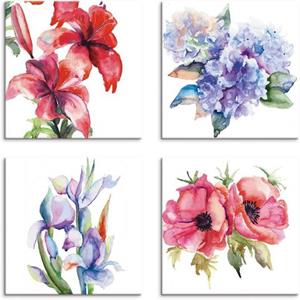 Artland Artprint op linnen Lelies klaprozen iris hortensia's set van 4, verschillende maten (4 stuks)