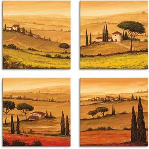 Artland Artprint op linnen Knollenland en veld klaprozen Toscaans landschap set van 4, verschillende maten (4 stuks)