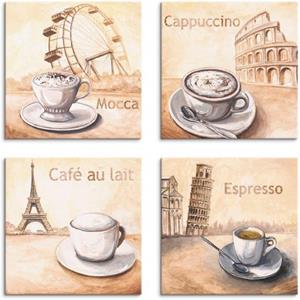 Artland Artprint op linnen Mokka cappuccino café au lait espresso set van 4, verschillende maten (4 stuks)