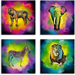 Artland Artprint op linnen Kleurexplosie olifant leeuw zebra tijger set van 4, verschillende maten (4 stuks)