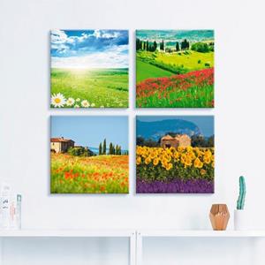 Artland Artprint op linnen Madeliefjes cipressen papaver lavendel set van 4, verschillende maten (4 stuks)