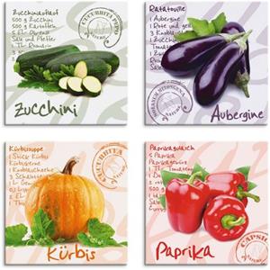 Artland Artprint op linnen Courgette, aubergine, pompoen, paprika set van 4, verschillende maten (4 stuks)