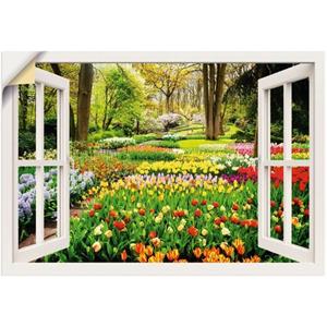 Artland Artprint Raamzicht tulpen tuin lente als artprint van aluminium, artprint op linnen, muursticker of poster in verschillende maten