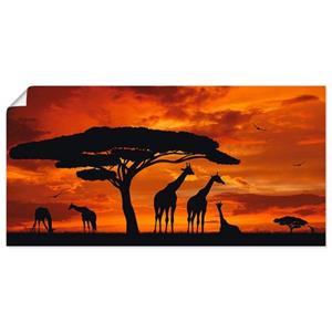 Artland Artprint Kudde giraffen bij zonsondergang als artprint van aluminium, artprint op linnen, muursticker of poster in verschillende maten