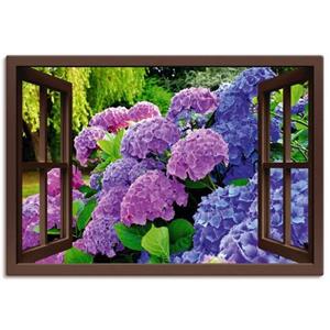 Artland Artprint Blik uit het venster - hortensia's in de tuin als artprint van aluminium, artprint op linnen, muursticker of poster in verschillende maten