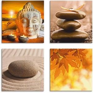 Artland Artprint op linnen Boeddha-standbeeld zen tuin massagestenen set van 4, verschillende maten (4 stuks)