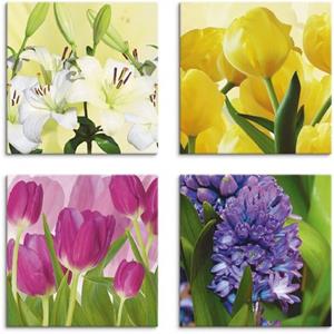 Artland Artprint op linnen Tulpen lelies hyacint set van 4, verschillende maten (4 stuks)