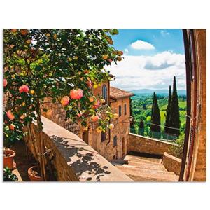 Artland Artprint Rozen op balkon Toscaans landschap als artprint van aluminium, artprint op linnen, muursticker of poster in verschillende maten