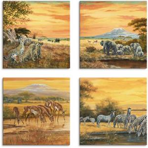 Artland Artprint op linnen Luipaarden olifanten zebra’s op de steppe set van 4, verschillende maten (4 stuks)