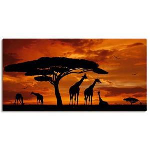 Artland Artprint Kudde giraffen bij zonsondergang als artprint van aluminium, artprint op linnen, muursticker of poster in verschillende maten