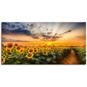 Artland Artprint Zonnebloemenveld bij zonsondergang als artprint van aluminium, artprint op linnen, muursticker of poster in verschillende maten