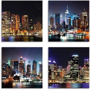 Artland Artprint op linnen Sydney haven en New York Times Square set van 4, verschillende maten (4 stuks)