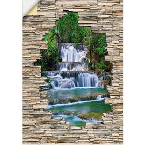 Artland Artprint Uitzicht op de diepe boswaterval met stenen muur als artprint van aluminium, artprint op linnen, muursticker of poster in verschillende maten