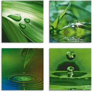 Artland Artprint op linnen Blad gras waterdruppels set van 4, verschillende maten (4 stuks)