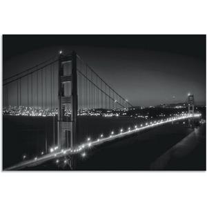 Artland Artprint Goudgeel bord met karaf - Golden Gate Bridge ‘	s avonds als artprint van aluminium, artprint op linnen, muursticker of poster in verschillende maten