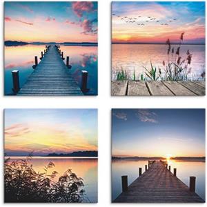 Artland Artprint op linnen Pier meer avondrood riet zonnestralen set van 4, verschillende maten (4 stuks)