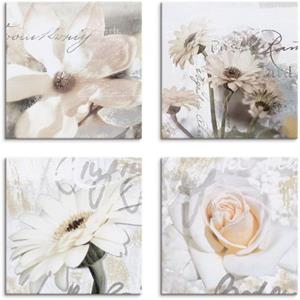 Artland Artprint op linnen Magnolia gerberas rozen in letters set van 4, verschillende maten (4 stuks)