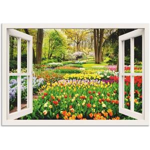 Artland Artprint Raamzicht tulpen tuin lente als artprint van aluminium, artprint op linnen, muursticker of poster in verschillende maten