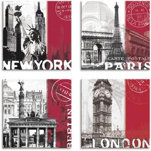 Artland Artprint op linnen New York Parijs Berlijn London_bordeauxrood set van 4, verschillende maten (4 stuks)