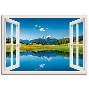 Artland Artprint Blik uit het venster Alpen en bergmeer als artprint van aluminium, artprint op linnen, muursticker of poster in verschillende maten