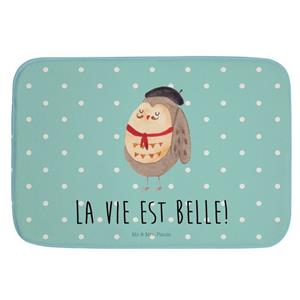Mr. & Mrs. Panda Badematte Eule Französisch - Türkis Pastell - Geschenk, glücklich, Duschteppich , Höhe 1 mm, 100% Polyester, rechteckig