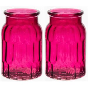 Bellatio Bloemenvaas klein - 2x - fuchsia roze - transparant glas - D10 x H16 cm -